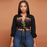 Letter Print Tie Up Loose Casual T-Shirt GBTF-7344
