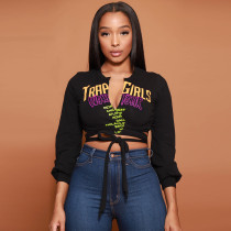 Letter Print Tie Up Loose Casual T-Shirt GBTF-7344