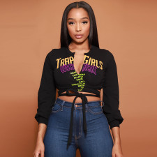 Letter Print Tie Up Loose Casual T-Shirt GBTF-7344