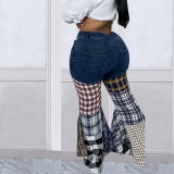 Denim Patchwork Plaid Print Flare Ruffles Pant LSD-83176
