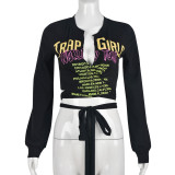 Letter Print Tie Up Loose Casual T-Shirt GBTF-7344