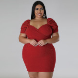 Solid V Neck Short Sleeve Mini Dress HNIF-019