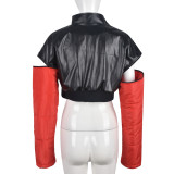 PU Leather Contrast Color Splicing Zipper Short Jacket GBTF-7307