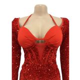 Long Sleeve Halter Sequin Mini Dress BY-6046