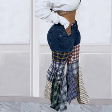 Denim Patchwork Plaid Print Flare Ruffles Pant LSD-83176