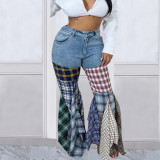 Denim Patchwork Plaid Print Flare Ruffles Pant LSD-83176