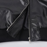 PU Leather Contrast Color Splicing Zipper Short Jacket GBTF-7307