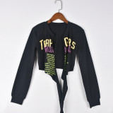 Letter Print Tie Up Loose Casual T-Shirt GBTF-7344
