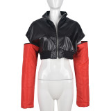PU Leather Contrast Color Splicing Zipper Short Jacket GBTF-7307