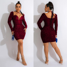 Long Sleeve Halter Sequin Mini Dress BY-6046