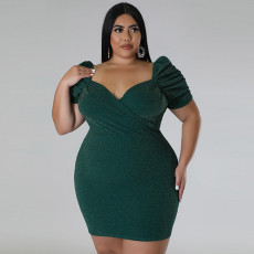Solid V Neck Short Sleeve Mini Dress HNIF-019