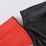 PU Leather Contrast Color Splicing Zipper Short Jacket GBTF-7307