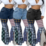 Denim Patchwork Plaid Print Flare Ruffles Pant LSD-83176