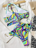 Print Hollow Out Drawstring One Piece Swimsuit CSYZ-C809WY