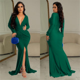 Deep V Neck Ruched Split Maxi Dress BY-6115