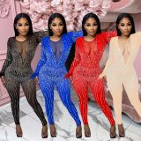 Mesh Hot Drill Long Sleeve Feather Jumpsuit BY-6200