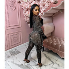 Mesh Hot Drill Long Sleeve Feather Jumpsuit BY-6200