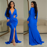 Deep V Neck Ruched Split Maxi Dress BY-6115