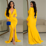 Deep V Neck Ruched Split Maxi Dress BY-6115