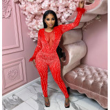 Mesh Hot Drill Long Sleeve Feather Jumpsuit BY-6200
