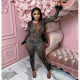Mesh Hot Drill Long Sleeve Feather Jumpsuit BY-6200