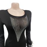 V Neck Mesh See-through Long Sleeve Tassel Dress  BY-6169