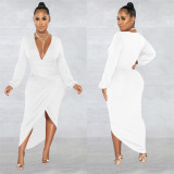Solid Long Sleeve Ruched Irregular Dress BY-6187