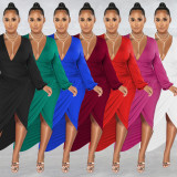 Solid Long Sleeve Ruched Irregular Dress BY-6187
