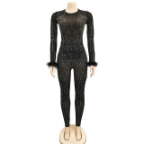 Mesh Hot Drill Long Sleeve Feather Jumpsuit BY-6200