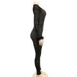 Mesh Hot Drill Long Sleeve Feather Jumpsuit BY-6200