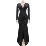 Deep V Neck Ruched Split Maxi Dress BY-6115