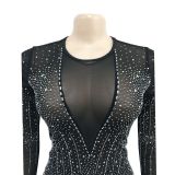 Mesh Hot Drill Long Sleeve Feather Jumpsuit BY-6200
