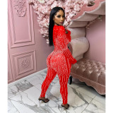 Mesh Hot Drill Long Sleeve Feather Jumpsuit BY-6200