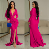 Deep V Neck Ruched Split Maxi Dress BY-6115