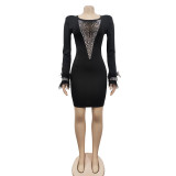 V Neck Mesh See-through Long Sleeve Tassel Dress  BY-6169