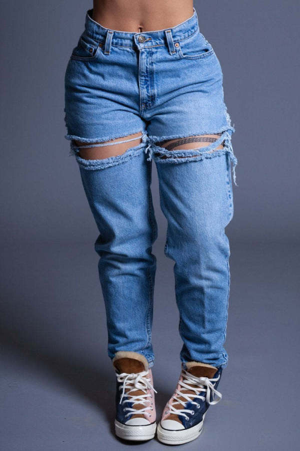 Plus Size Casual Denim High Waist Holes Jeans LX-5528