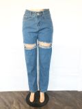 Plus Size Casual Denim High Waist Holes Jeans LX-5528