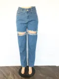 Plus Size Casual Denim High Waist Holes Jeans LX-5528