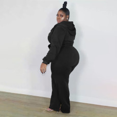 Plus Size Solid Color Hooded Pant Loose Two Piece Set XMF-225