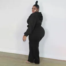 Plus Size Solid Color Hooded Pant Loose Two Piece Set XMF-225