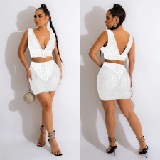 Sexy Mesh Hot Drill Sleeveless Two Piece Skirt Set BY-6037