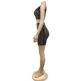 Sexy Mesh Hot Drill Sleeveless Two Piece Skirt Set BY-6037