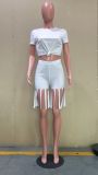 Casual Solid Short Sleeve Tassel Shorts 2 Piece Set ORY-5193