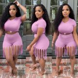 Casual Solid Short Sleeve Tassel Shorts 2 Piece Set ORY-5193