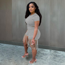 Plus Size Letter Print Tops And Tassel Short Two Piece Set MTY-6529-1