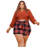 Plus Size Long Sleeve Top+Plaid Mini Skirt Two Piece Sets PHF-13296
