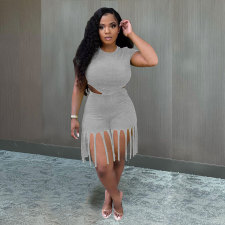 Plus Size Letter Print Tops And Tassel Short Two Piece Set MTY-6529-1