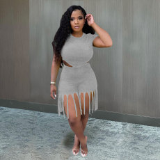 Plus Size Letter Print Tops And Tassel Short Two Piece Set MTY-6529-1