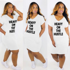Plus Size Letter Print V Neck Casual Midi Dress HGL-2002