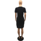Plus Size Letter Print V Neck Casual Midi Dress HGL-2002